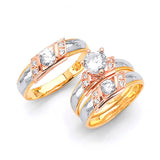 White CZ Three-Piece High-Polish Wedding Ring in 14K Tri-Color Gold