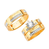 White CZ Three-Piece High-Polish Wedding Ring in 14K Two-Tone Gold